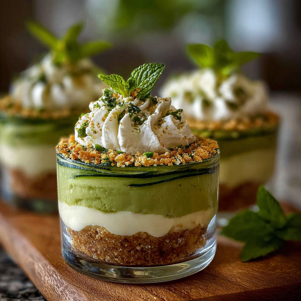 Une tarte aux creme et aux herbes, avec des croutons de cucumber et des herbes vertes, est servie dans un verre transparent.