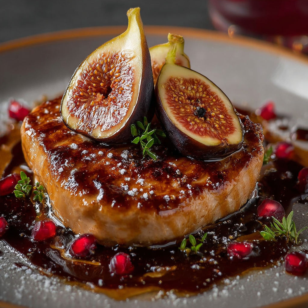 Foie gras poêlé aux figues, une recette savoureuse et délicieuse, est servie sur un plateau avec des fruits et des épices.