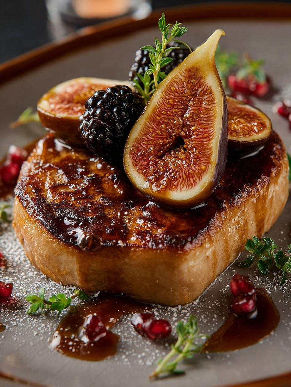 Une glace de figue accompagne un plat de viande grillée, avec des baies et des épinards pour garnir.