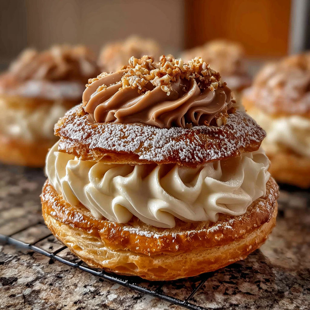 Une délicieuse tarte à la praline croquante, également connue sous le nom de Paris-Brest, est servie sur un plateau.