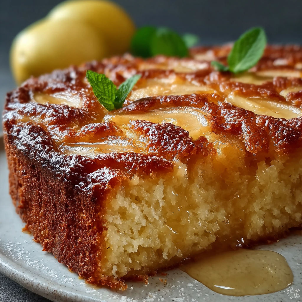 Une portion de cake aux pommes fondantes, avec des pommes et des herbes sur le dessert.