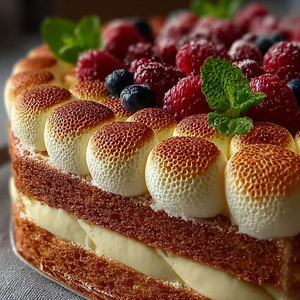 Une tarte aux fruits rouges et blanches, avec des fruits rouges et des crustacés, est servie sur un plateau.