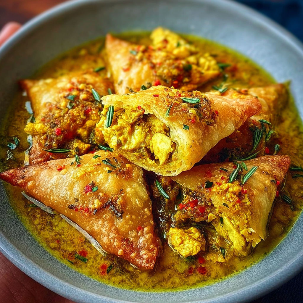 Une personne tient un plateau contenant des samoussas de poulet au curry.