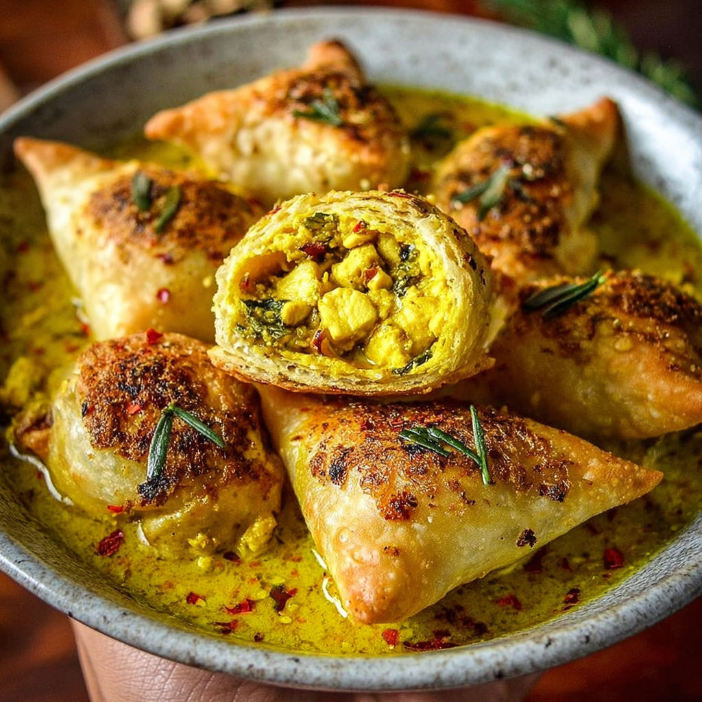 Une assiette de samoussas de poulet au curry, avec des herbes et des épices, est servie dans un bol.