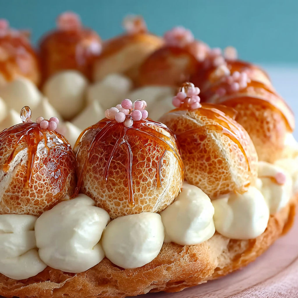 Une tarte Saint Honoré délicieuse avec des fruits confits et des paillettes de sucre.