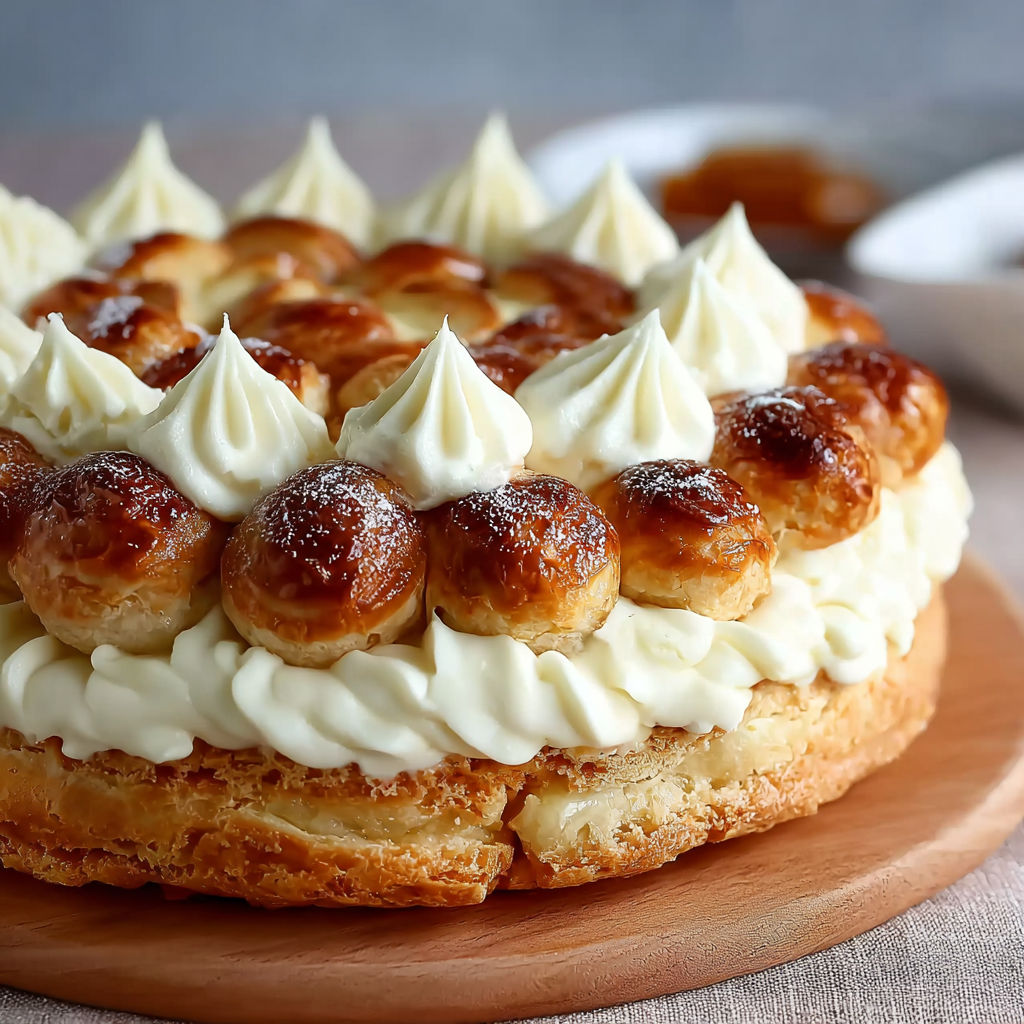 Une tarte Saint Honoré est servie sur une table.