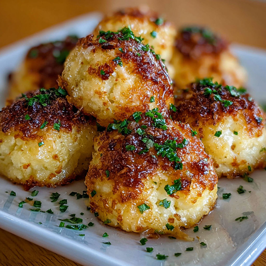 Boulettes de Chou-Fleur Rôties au Parmesan, une recette savoureuse et délicieuse, est servie sur un plateau en verre.
