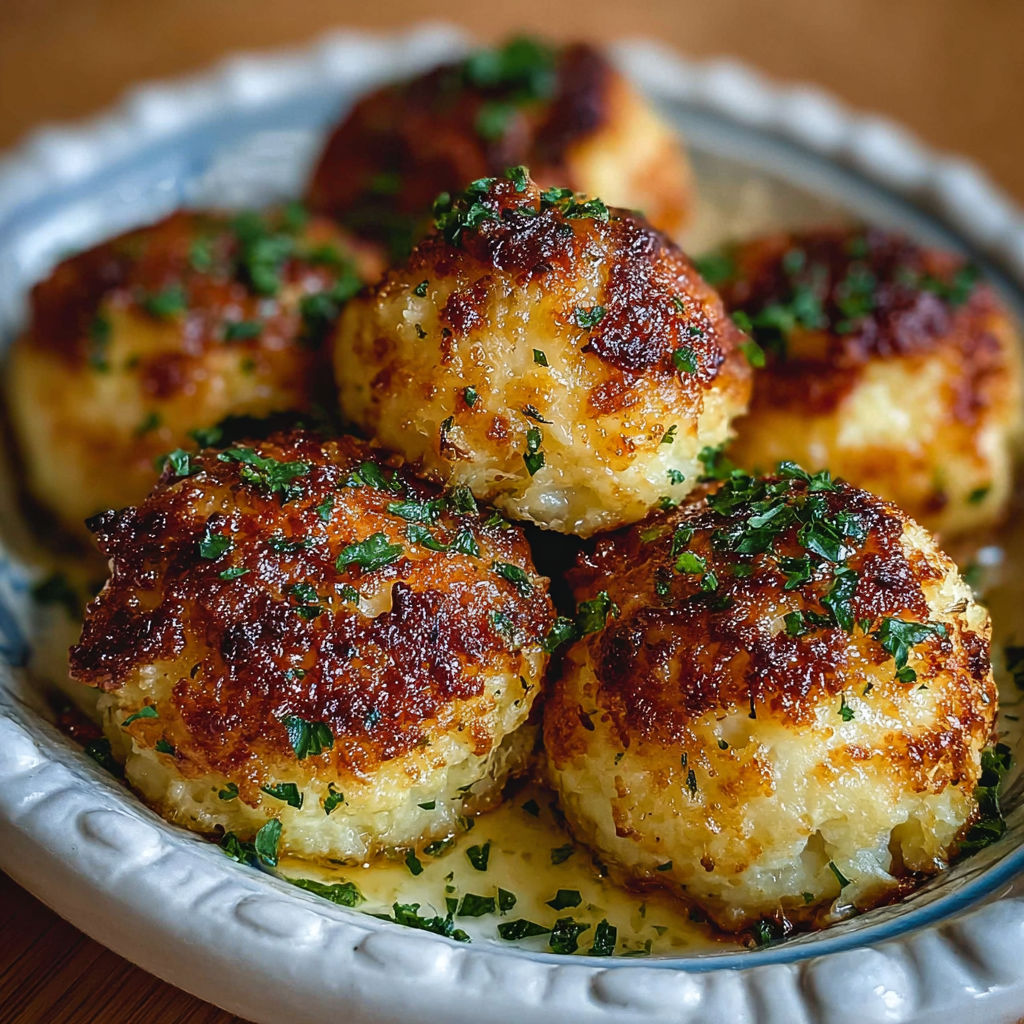 Boulettes de Chou-Fleur Rôties au Parmesan, une recette savoureuse et délicieuse, est servie sur un plateau en porcelaine.
