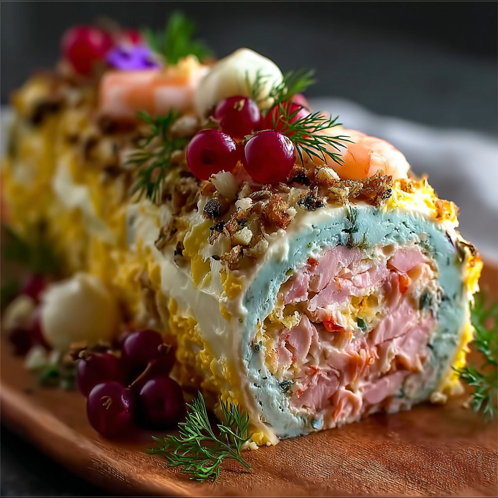 Une collation de fruits et de crustacés sur un plat de bois, avec une touche de sauce.