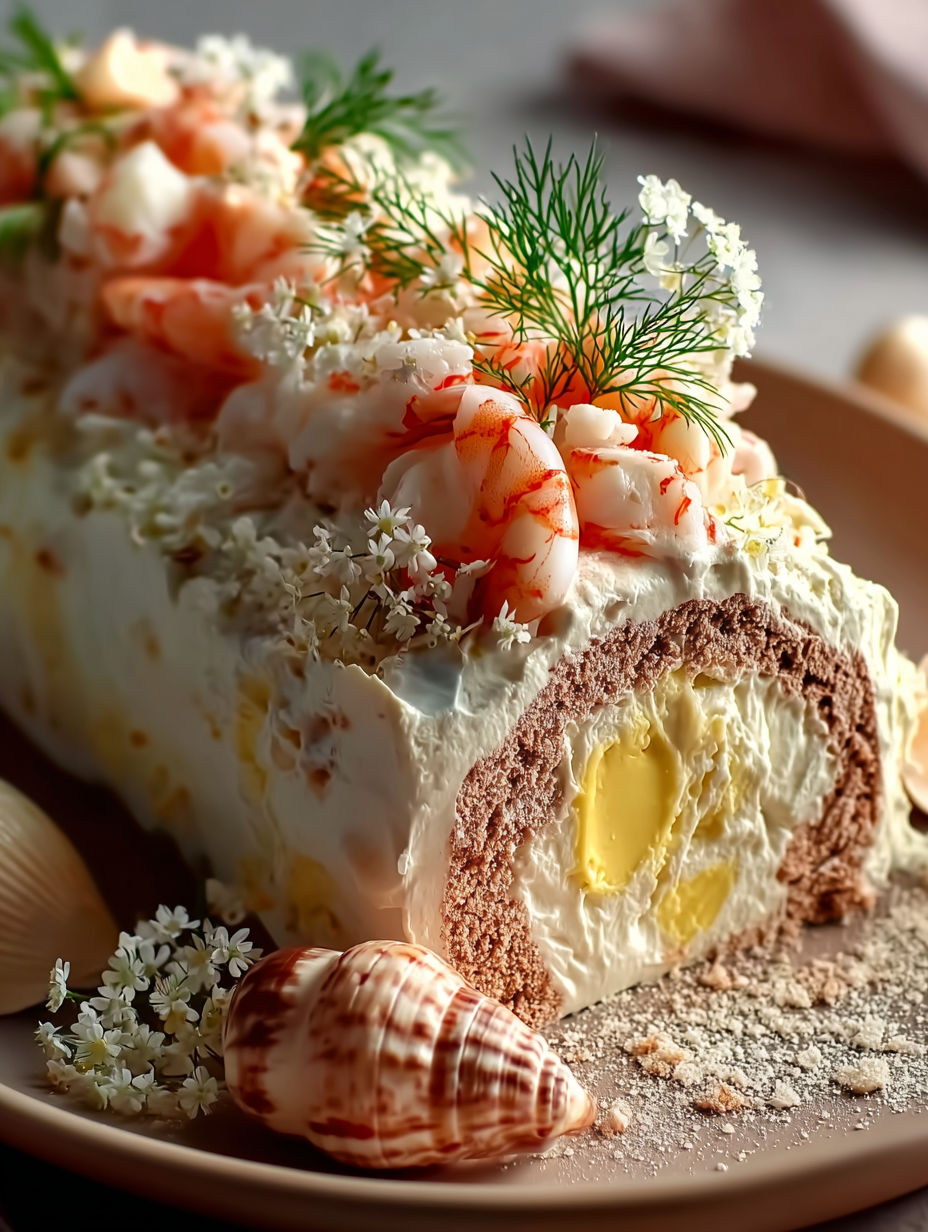 Une tarte aux fruits de mer et crème, garnie de coraux et de fleurs, est servie sur un plateau.