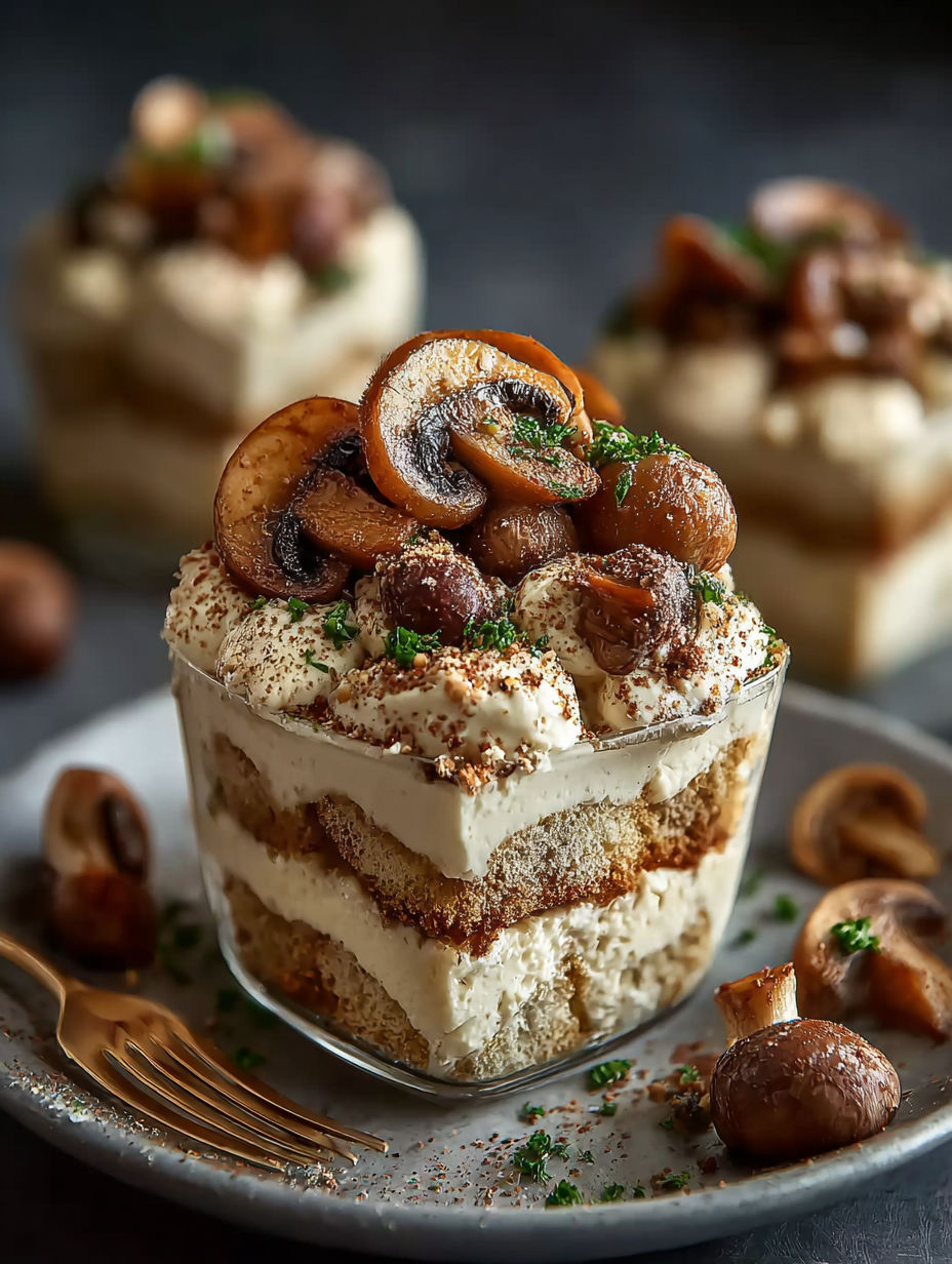 Une tarte salée aux champignons croquants et crémeux, accompagnée d'une portion de crème au parmesan.