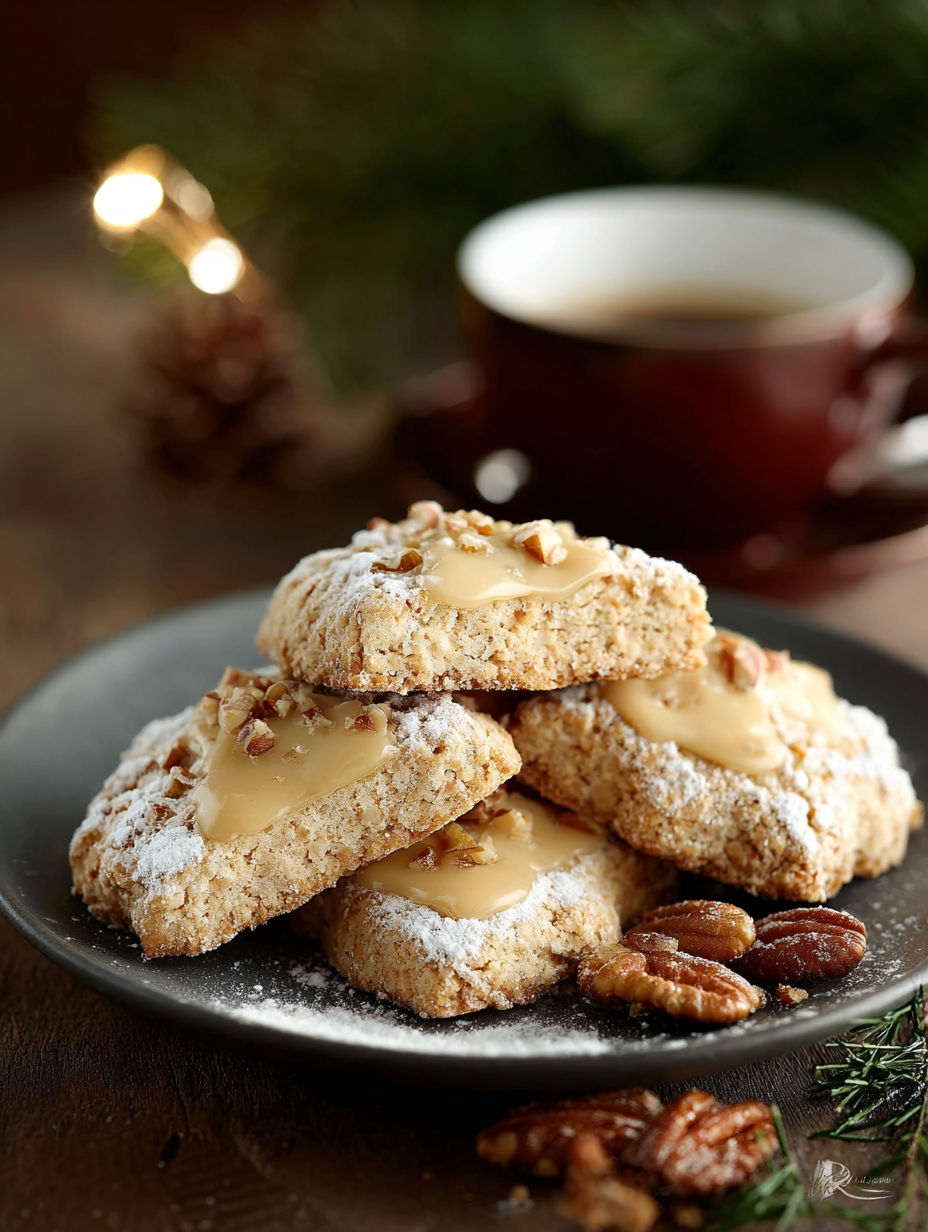 Plate of Biscuits de Noël Suisses aux noix, topped with powdered sugar and walnuts.