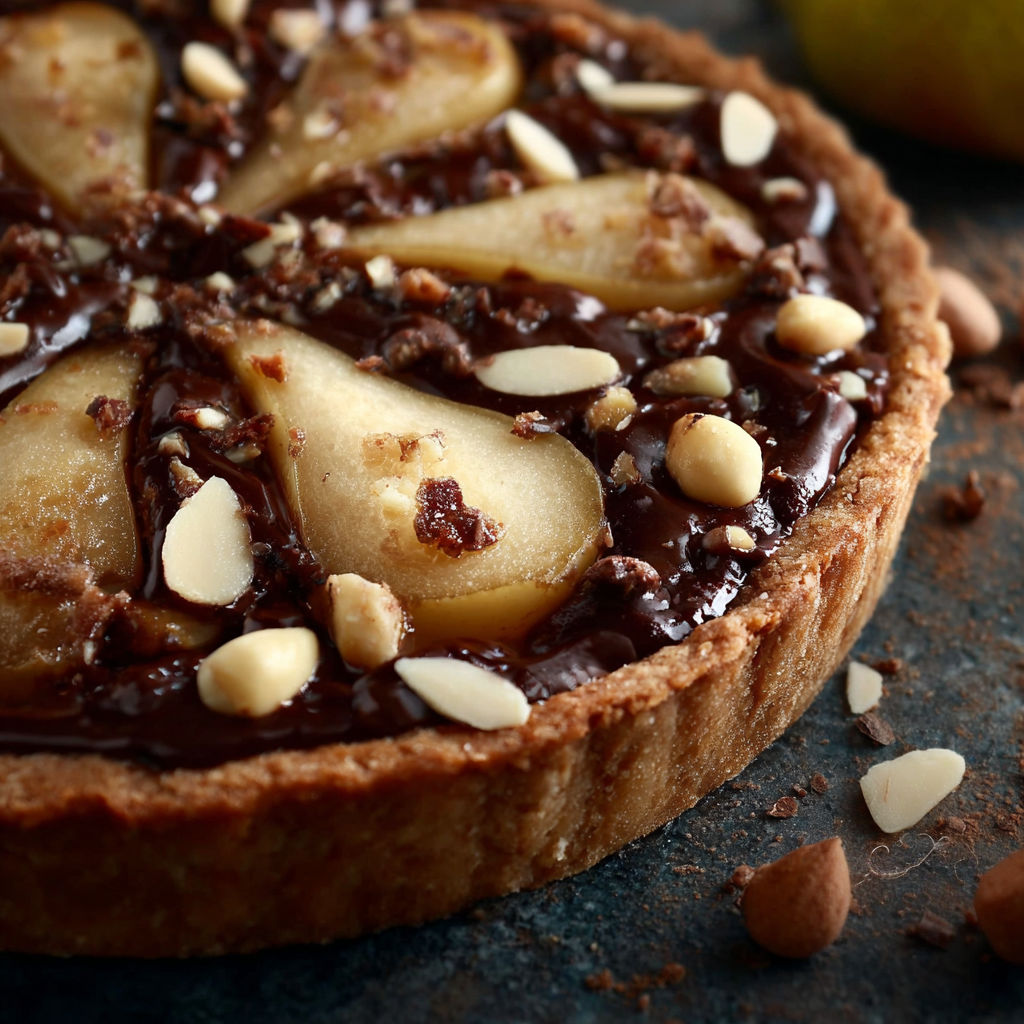 Une tarte aux pommes et noix de coco, garnie de pâte de noix et de chocolat, est servie sur une table.