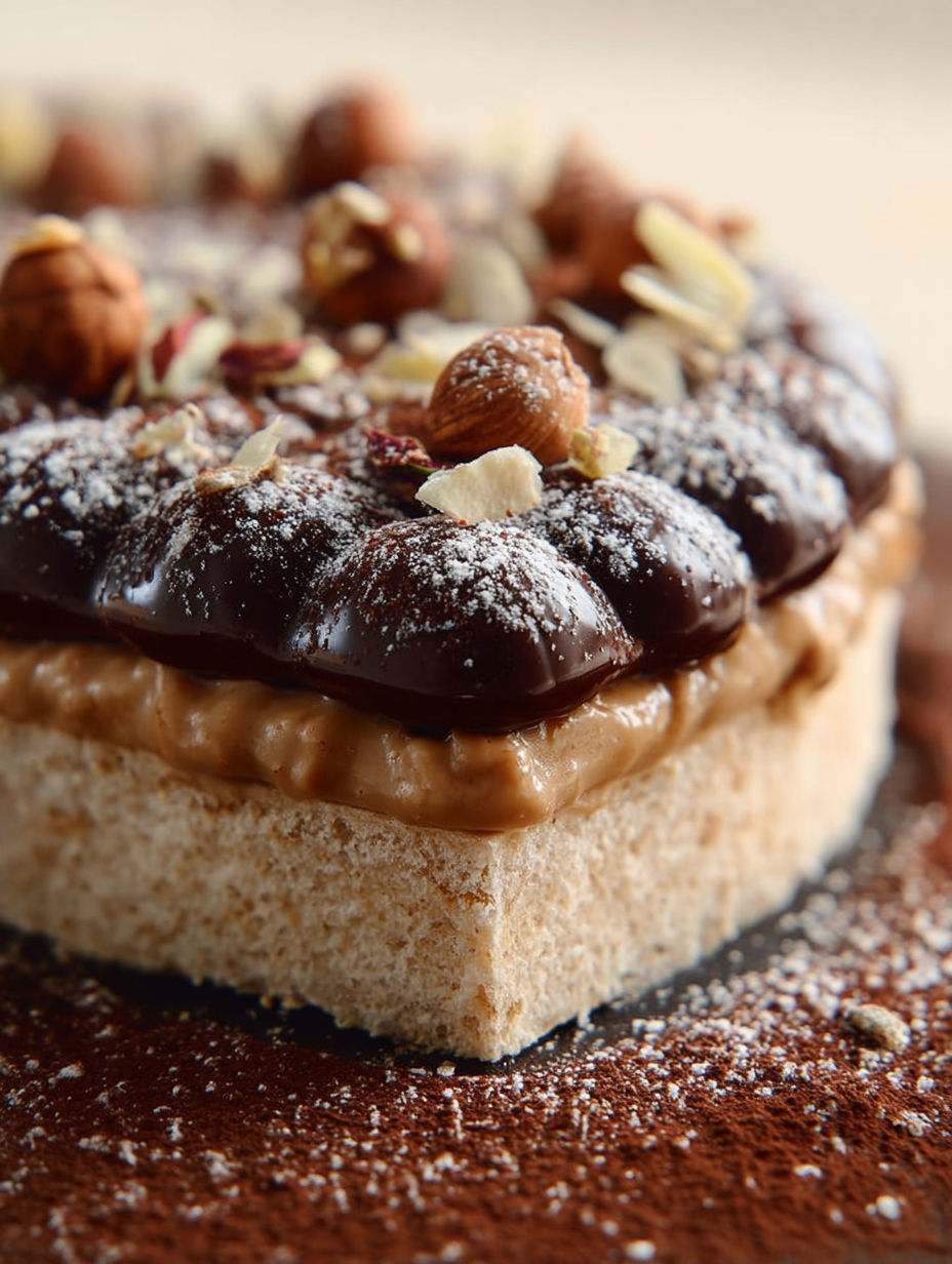 Une tarte au chocolat avec des noix et des graines de café.
