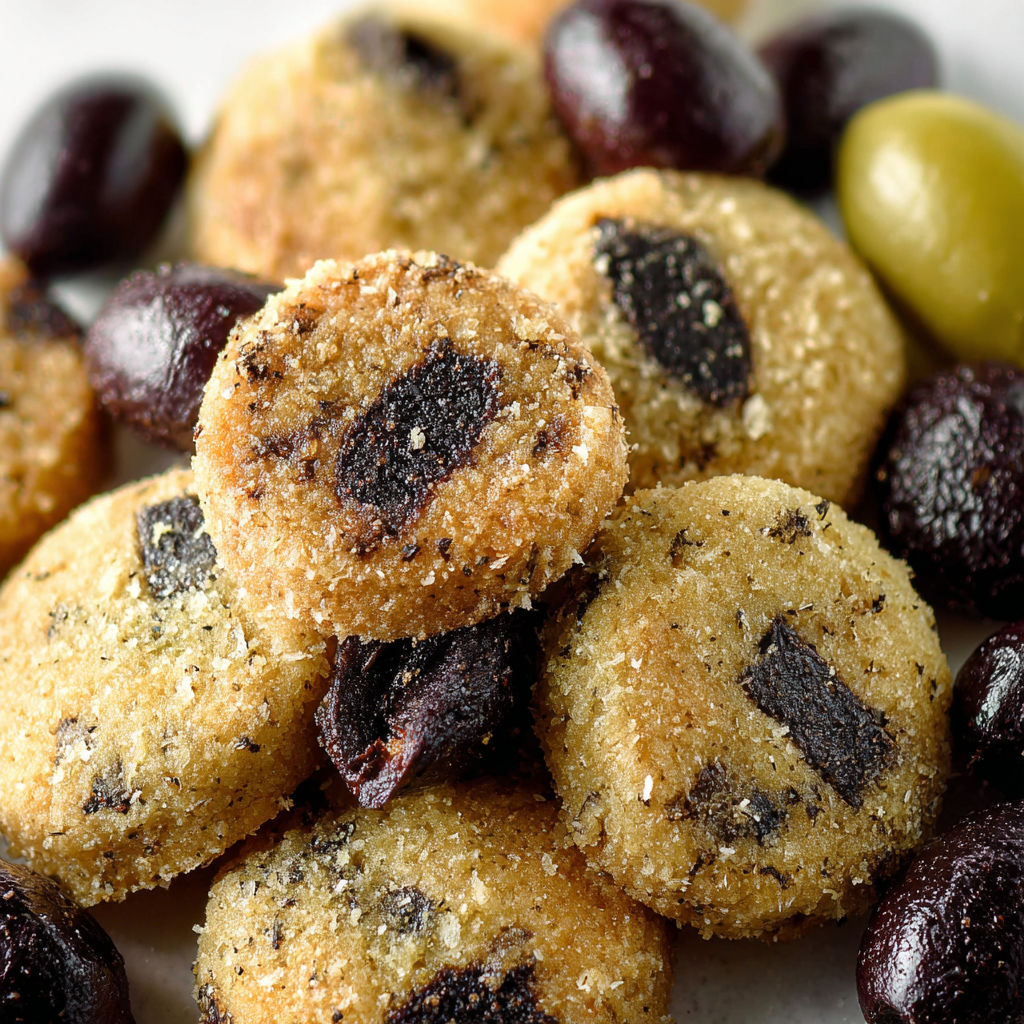 Une pile de biscuits de chocolat et de noix, avec des olives et des graines de lin.