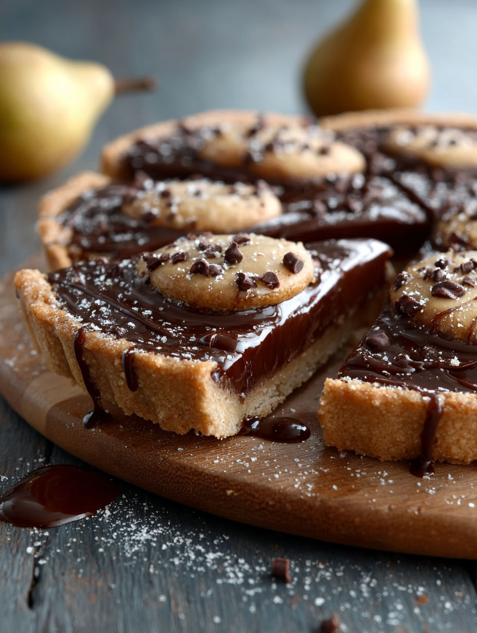 Une tarte aux cookies chocolat avec des poires.