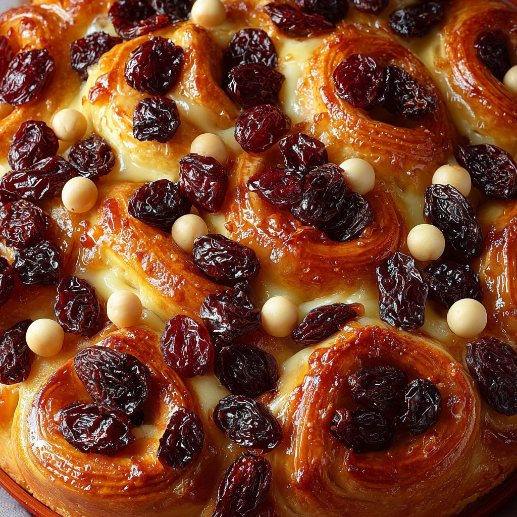 Une tarte aux raisins secs et à la crème pâtissière, garnie de noix.