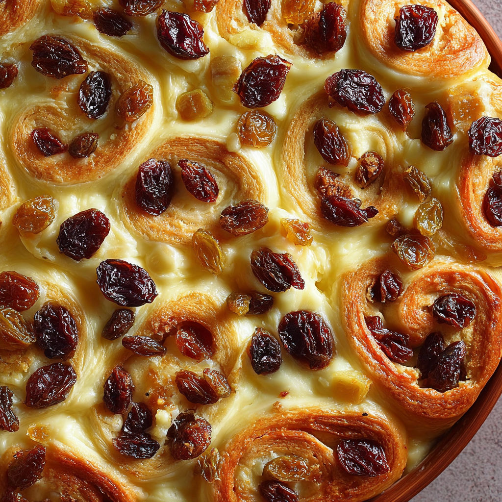 Une tarte aux raisins secs et à la crème pâtissière, servie dans un bol en verre.