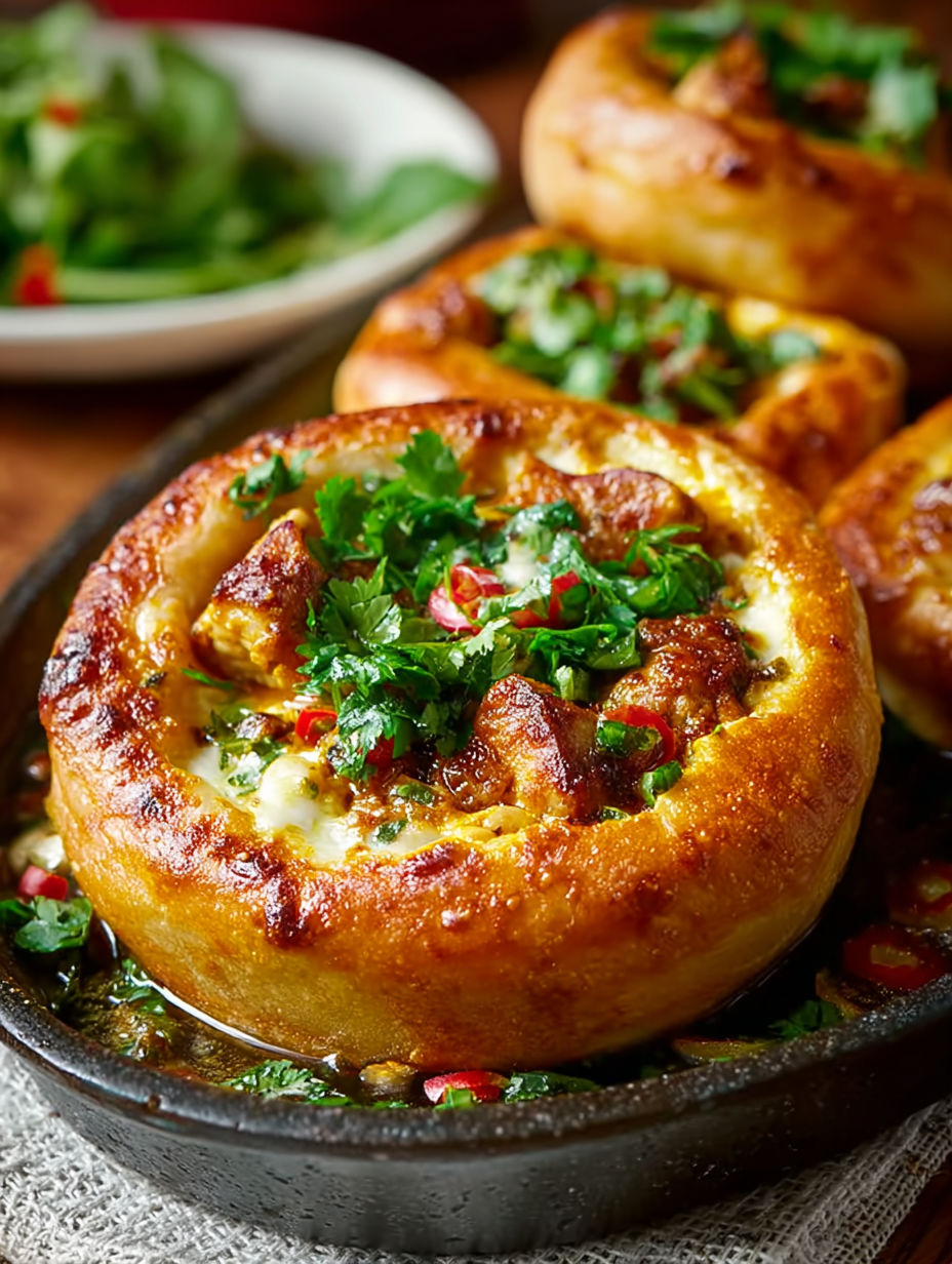 Une pâte de pizza maison, garnie de légumes verts et de sauce, est servie dans un bol en fonte.