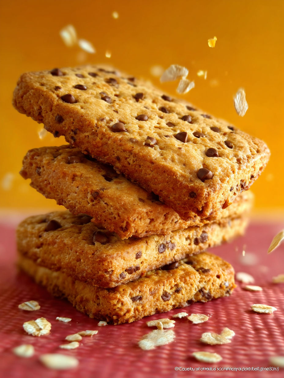 Une pile de biscuits de chocolat, avec des grains de céréales sur le dessus.
