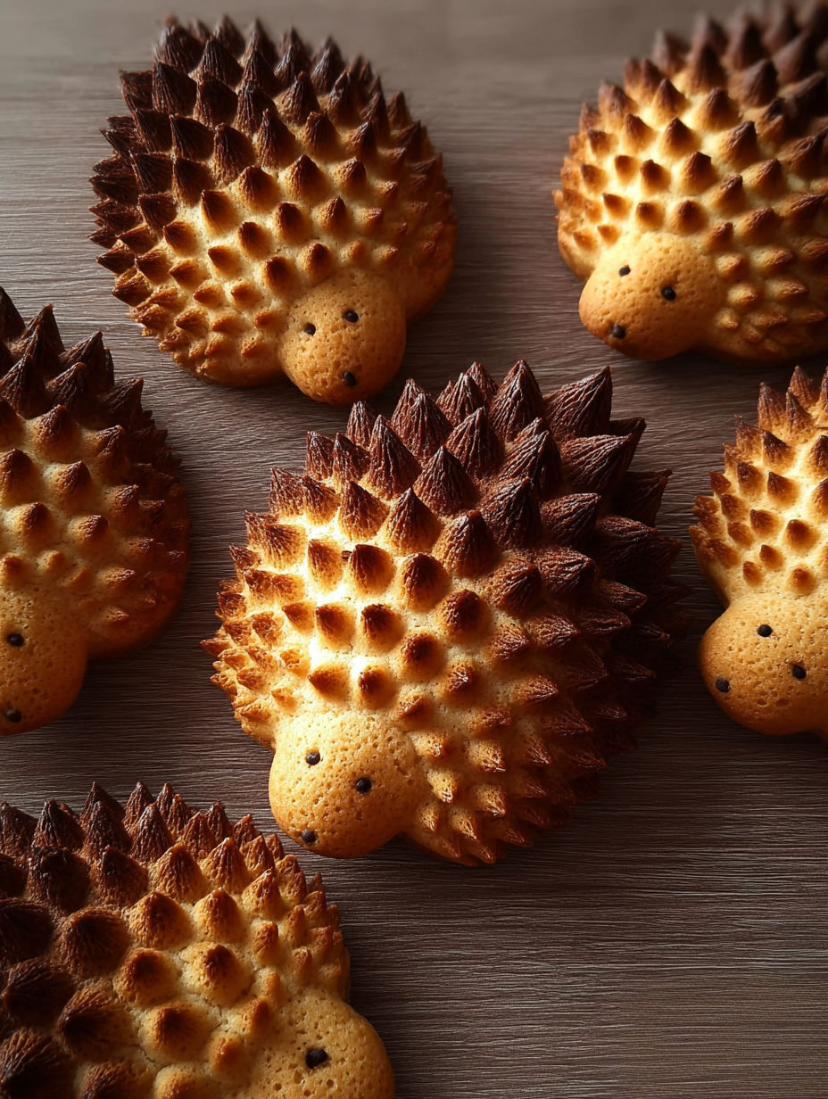 Une collection de petits biscuits en forme de hérisson, avec des graines de café pour la décoration.