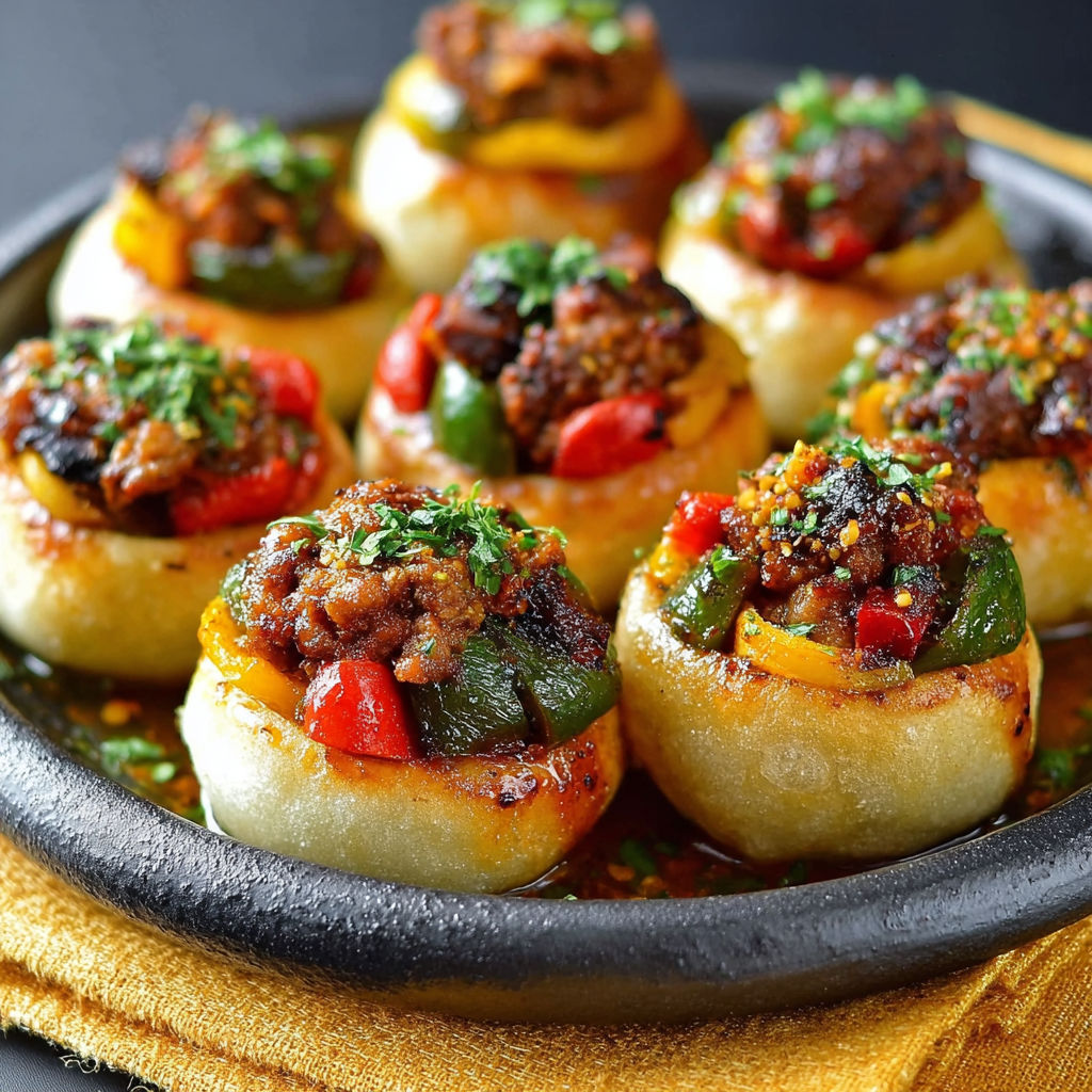 Plate of meat filled pastries with peppers and onions.