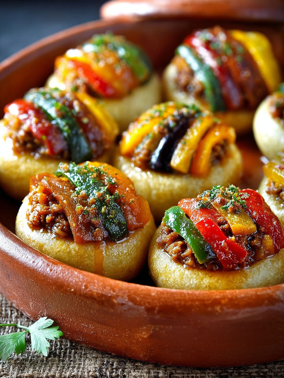 Un plat de batbouts farcis à la viande hachée et aux poivrons.
