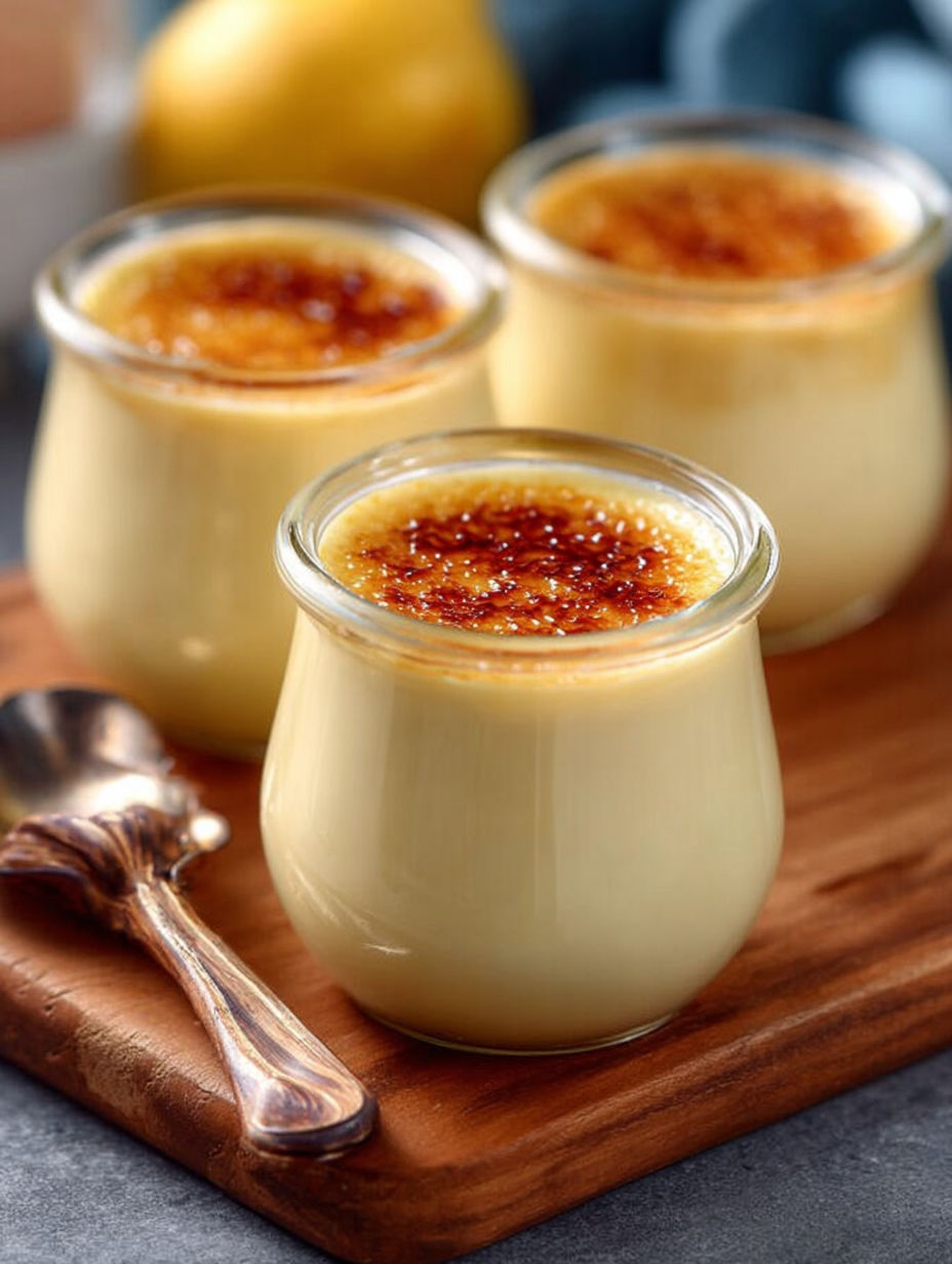 Une tarte aux pommes en verre, avec des paillettes de sucre dorées, est servie sur un plateau en bois.