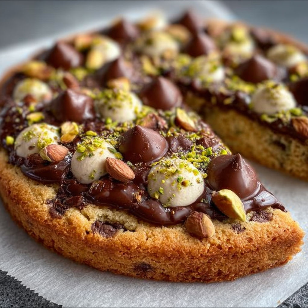 Une tarte aux noix et chocolat, garnie de marrons et de chocolat fondu, est servie sur un plateau.