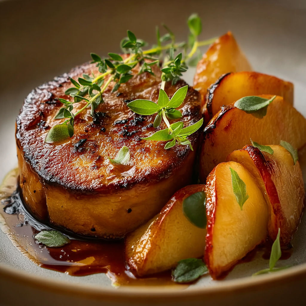 Une viande grillée avec des herbes et des fruits, accompagnée d'une sauce.