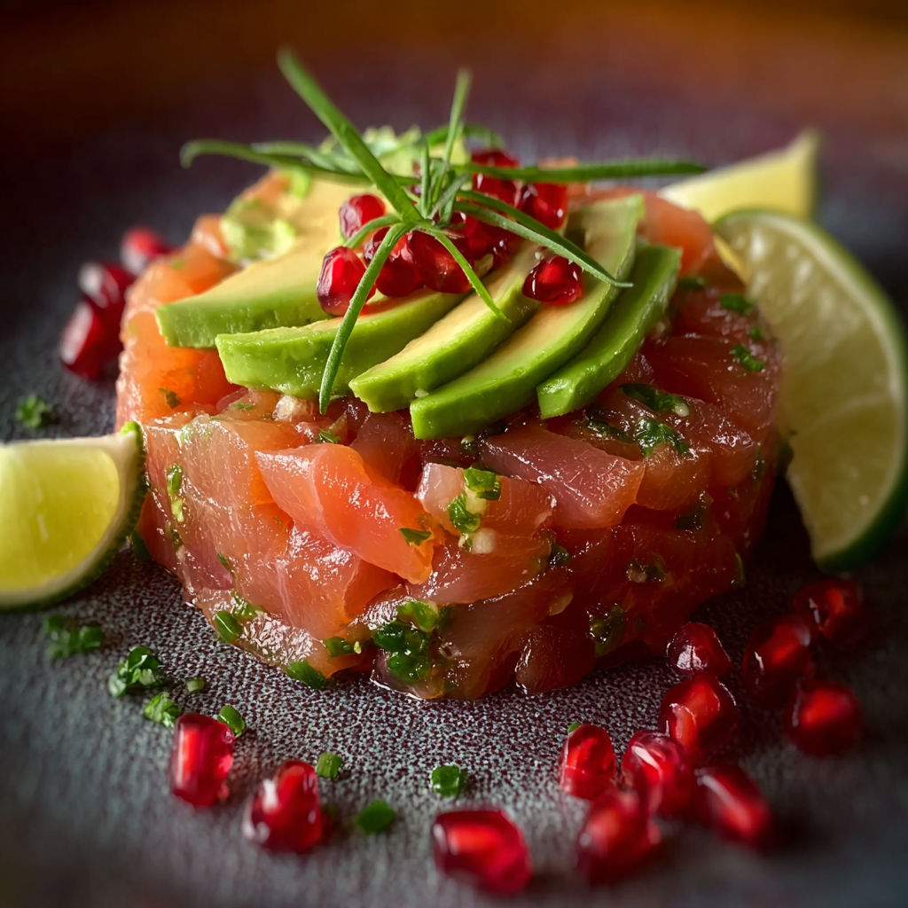 Une tartare de saumon et avocat est servie sur un plateau avec des tomates cerises et des limes.