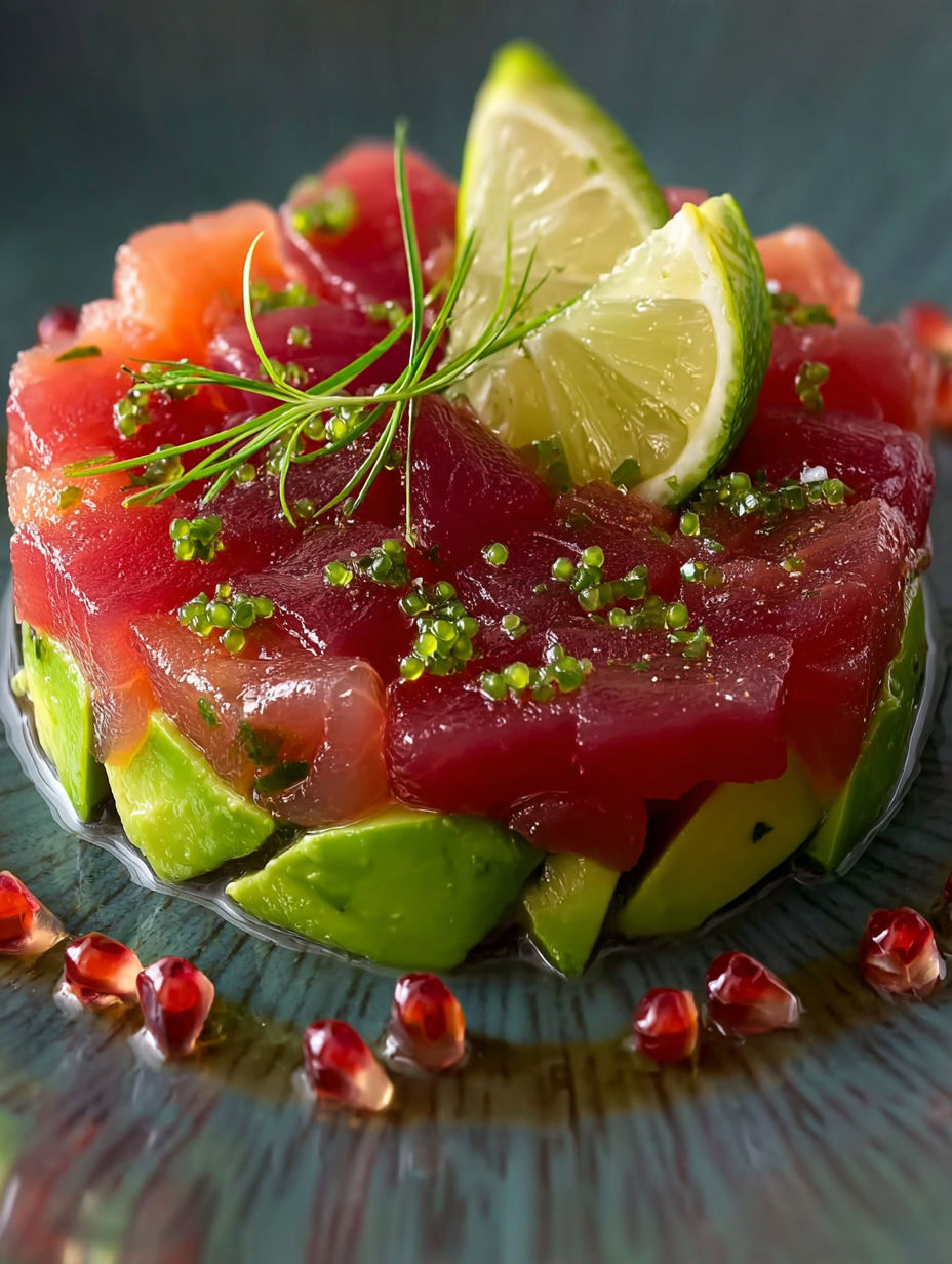 Un poisson grillé avec des pamplemousses et des herbes sur un plateau.