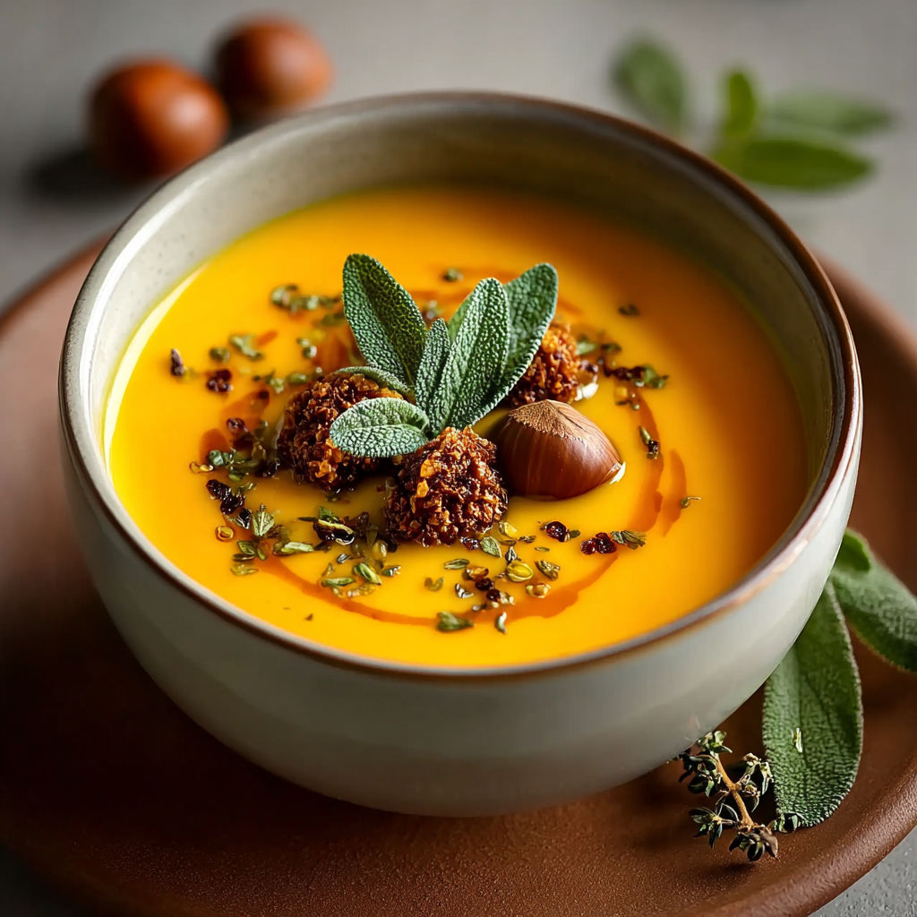 Une soupe de potimarron aux châtaignes est servie dans un bol en céramique.