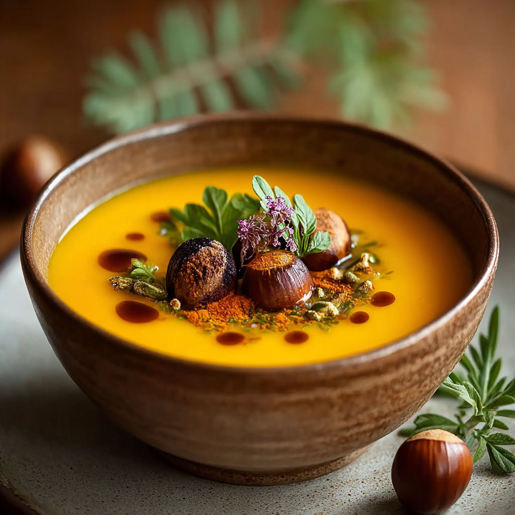 Une soupe chaude avec des noix, des herbes et des graines.