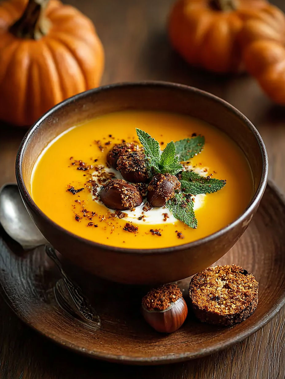 Une soupe chaude avec des noix et des chocolats.