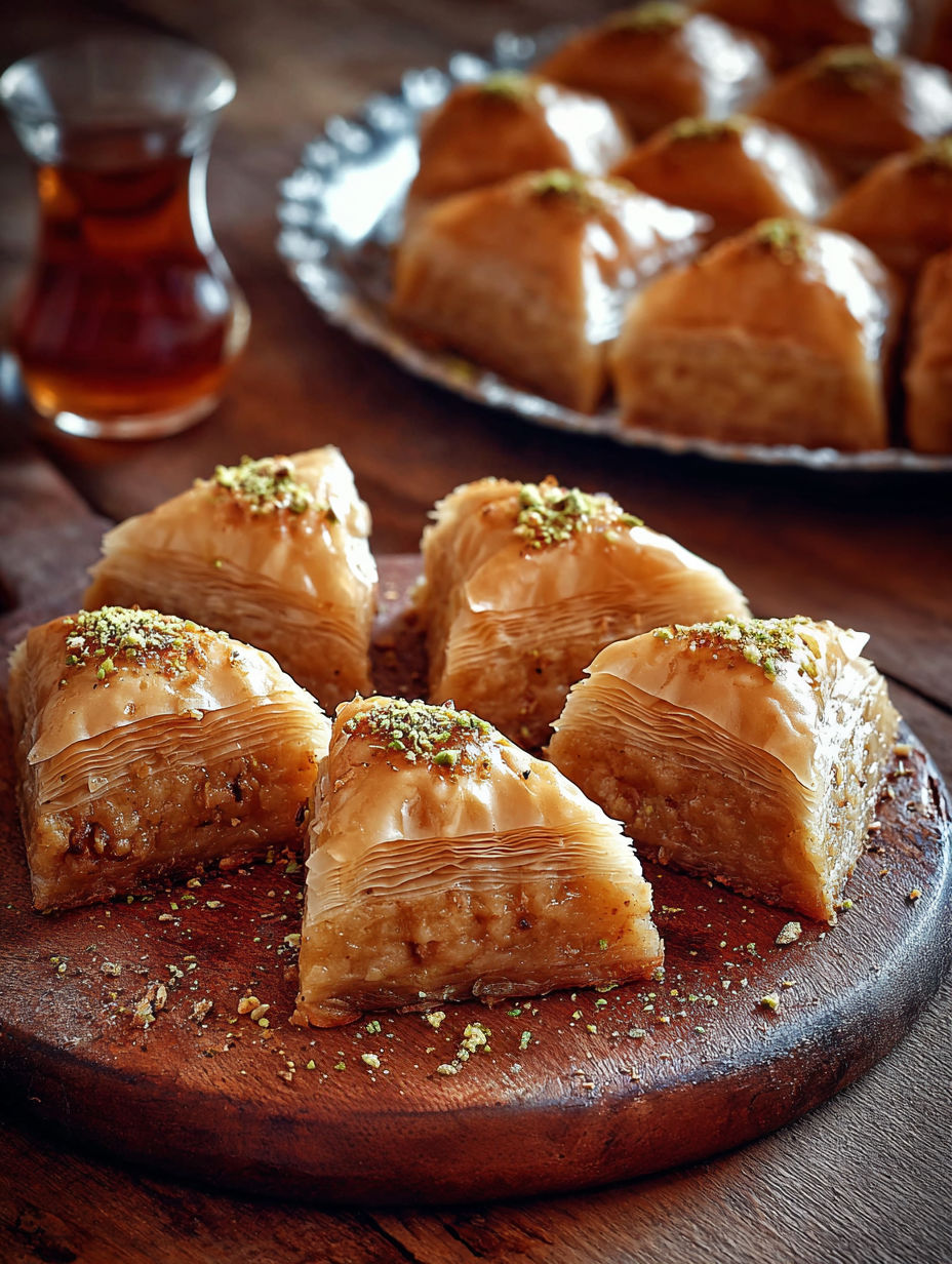 Une plaque de bois avec des baklava facile et rapide sur elle.