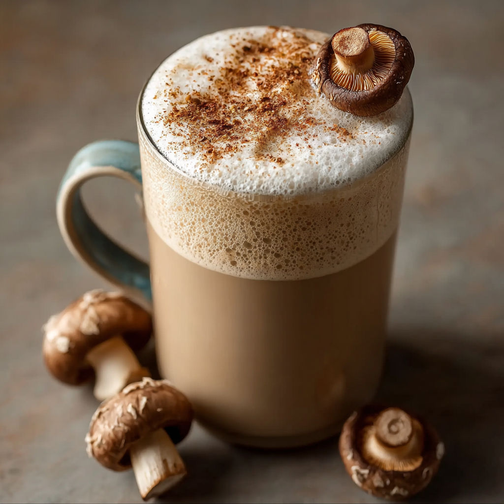 Une tasse de café avec des mushrooms sur le dessus.