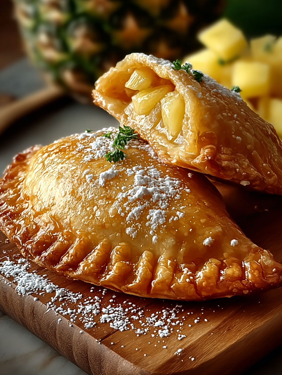 Deserts with powdered sugar and pineapple on a wooden table.