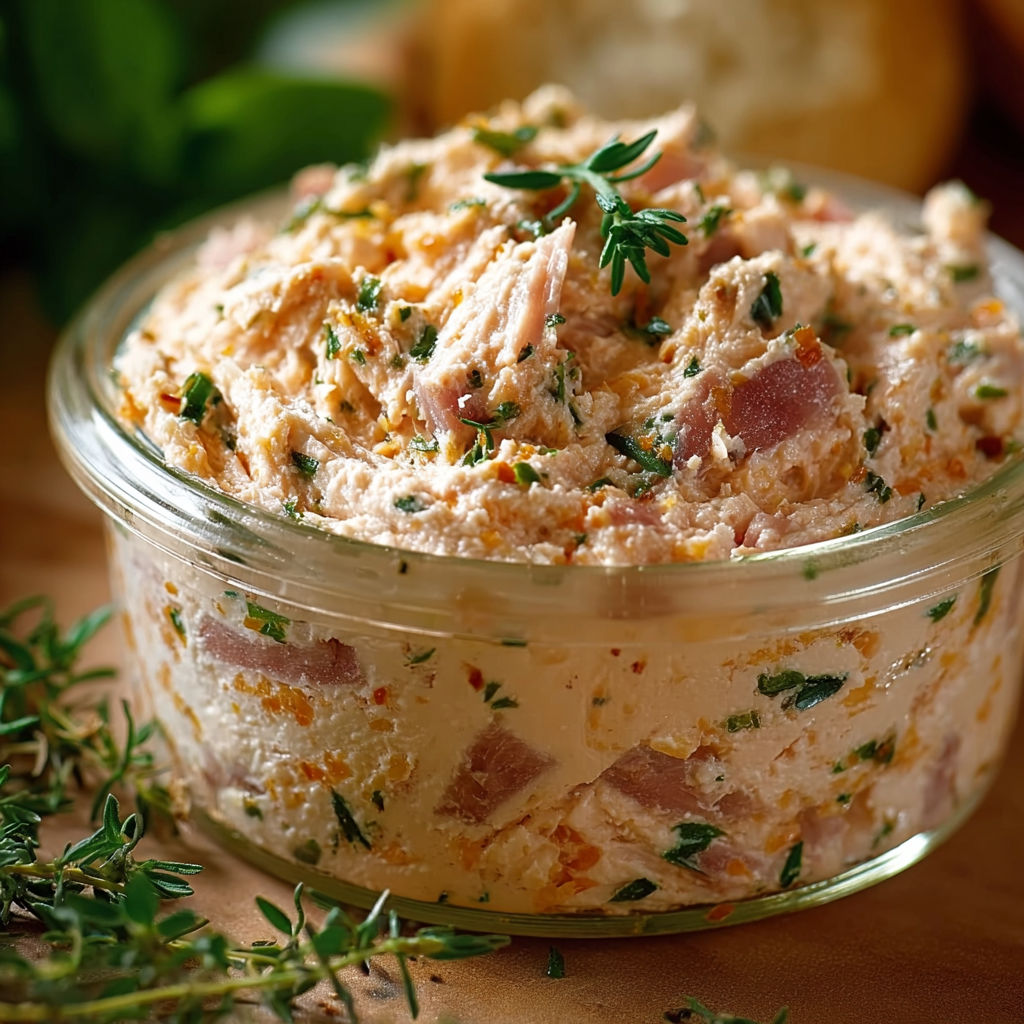 Un bol de Rillettes de Jambon Maison: Délice Crémeux aux Herbes Fraîches sur une table de travail.