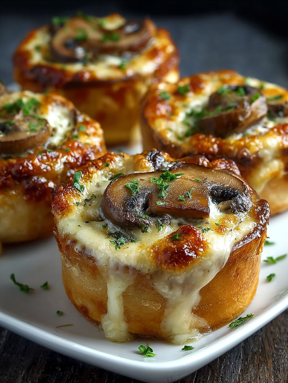 Quatre mini-tarts de mushroom sur un plateau.