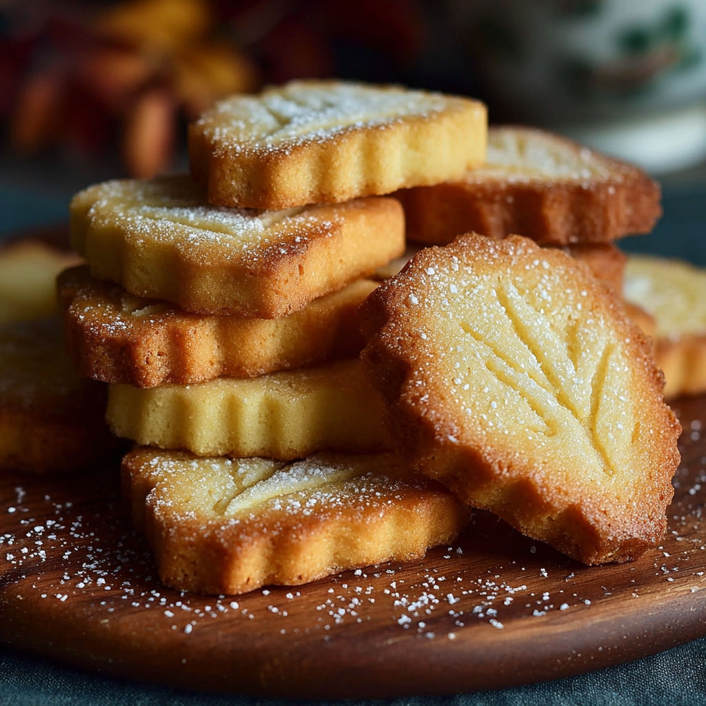 Une pile de biscuits au sucre et aux graines de courge, avec des motifs de feuilles de maple dessus.