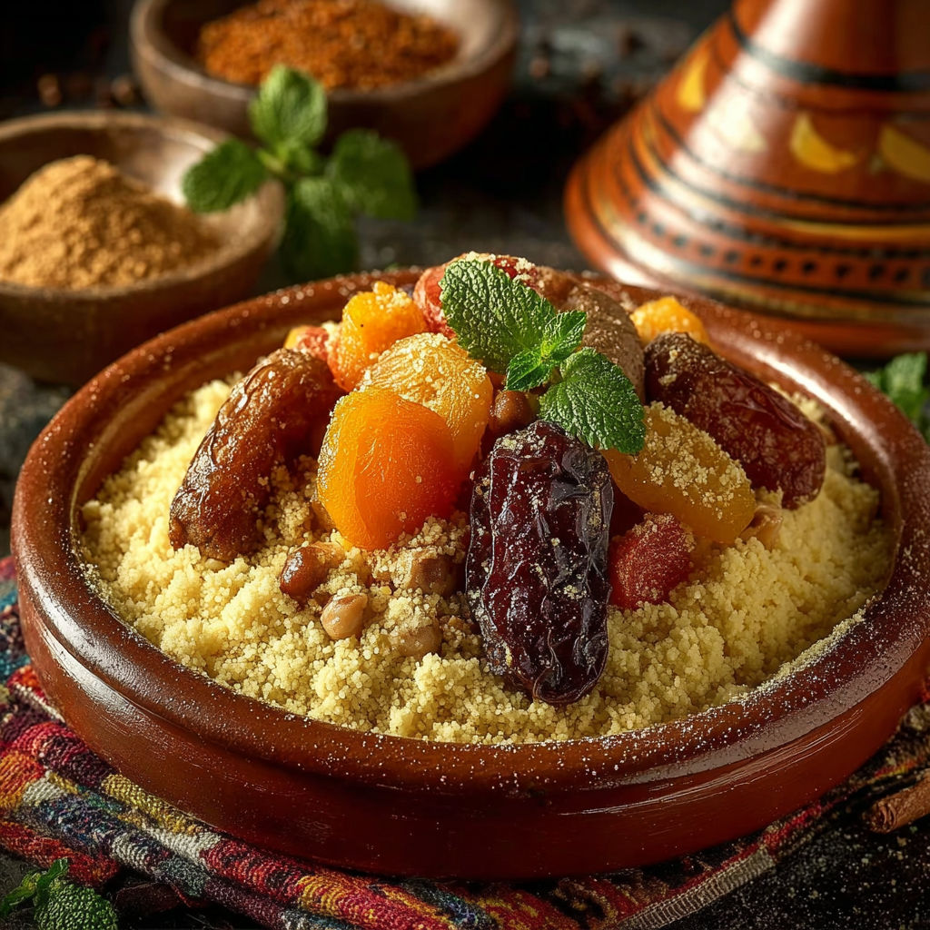 Une assiette de couscous royal algérien est servie avec des fruits et des épices.