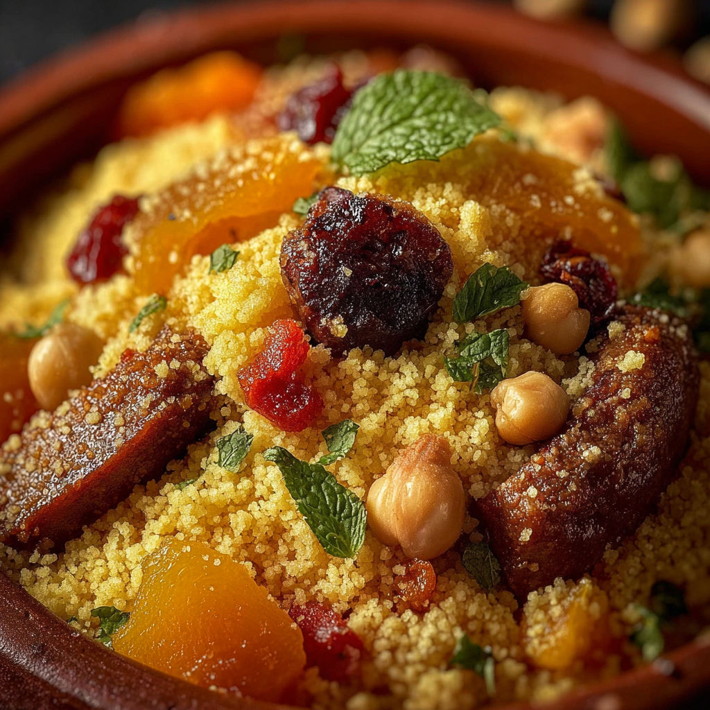 Une recette de couscous avec des fruits et des graines.