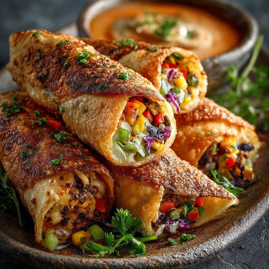 Rouleaux de Printemps Style Southwest, une recette savoureuse et colorée, est servie dans un plat en céramique.