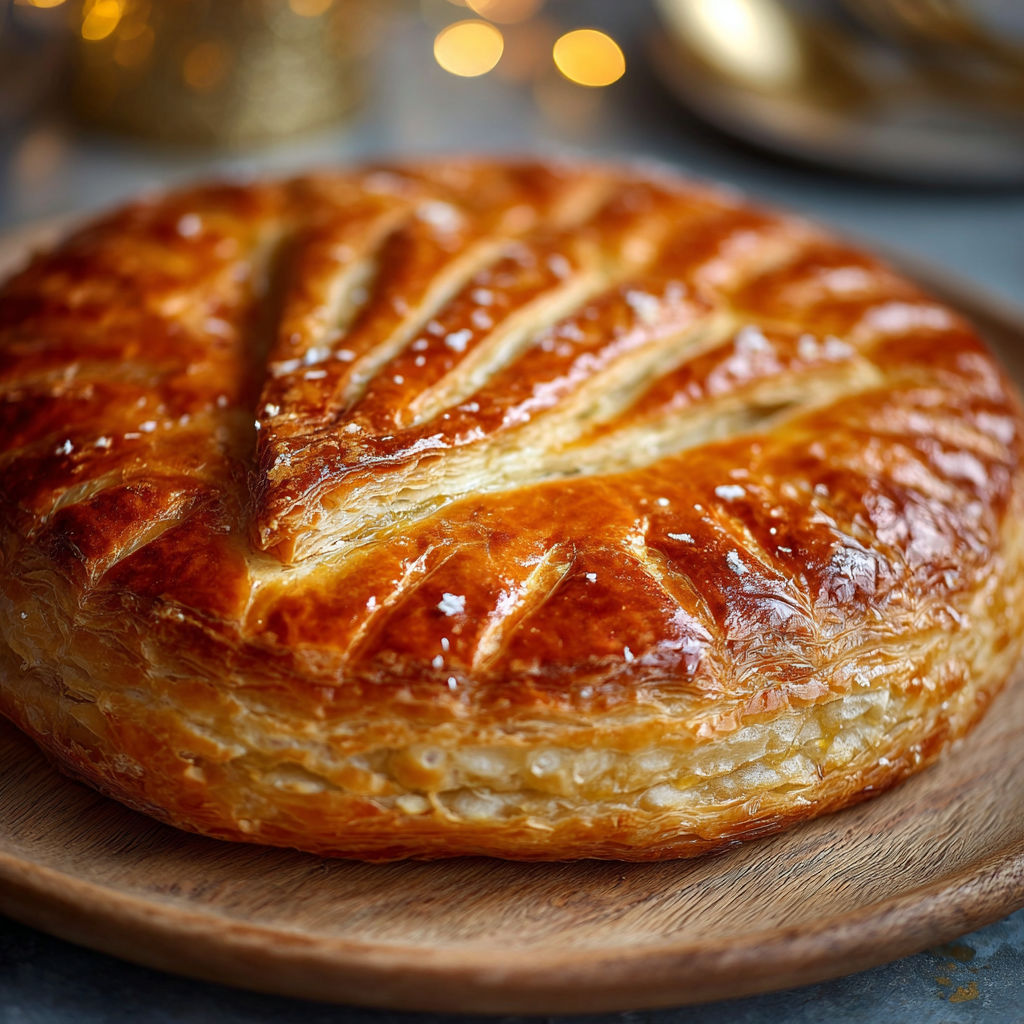 Une galette des rois à la frangipane est servie sur un plateau en bois.