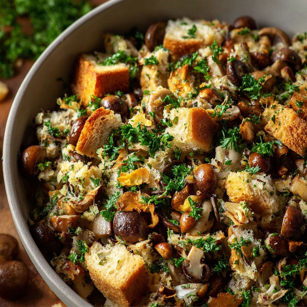 Un plat de farce aux champignons et noisettes pour Dinde de Noël.