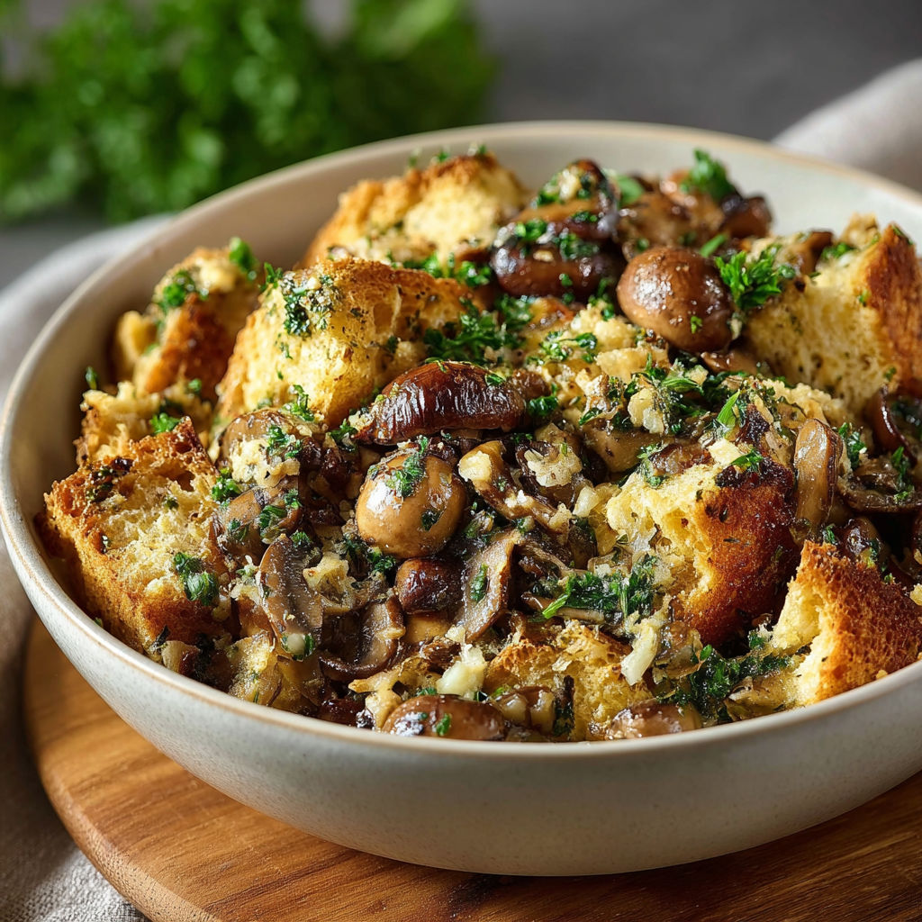Un plat de farce aux champignons et noisettes pour Dinde de Noël.