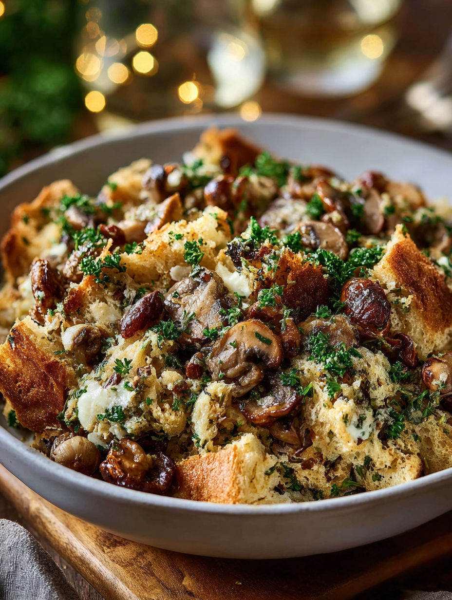 Une assiette de Farce aux Champignons et Noisettes pour Dinde de Noël.