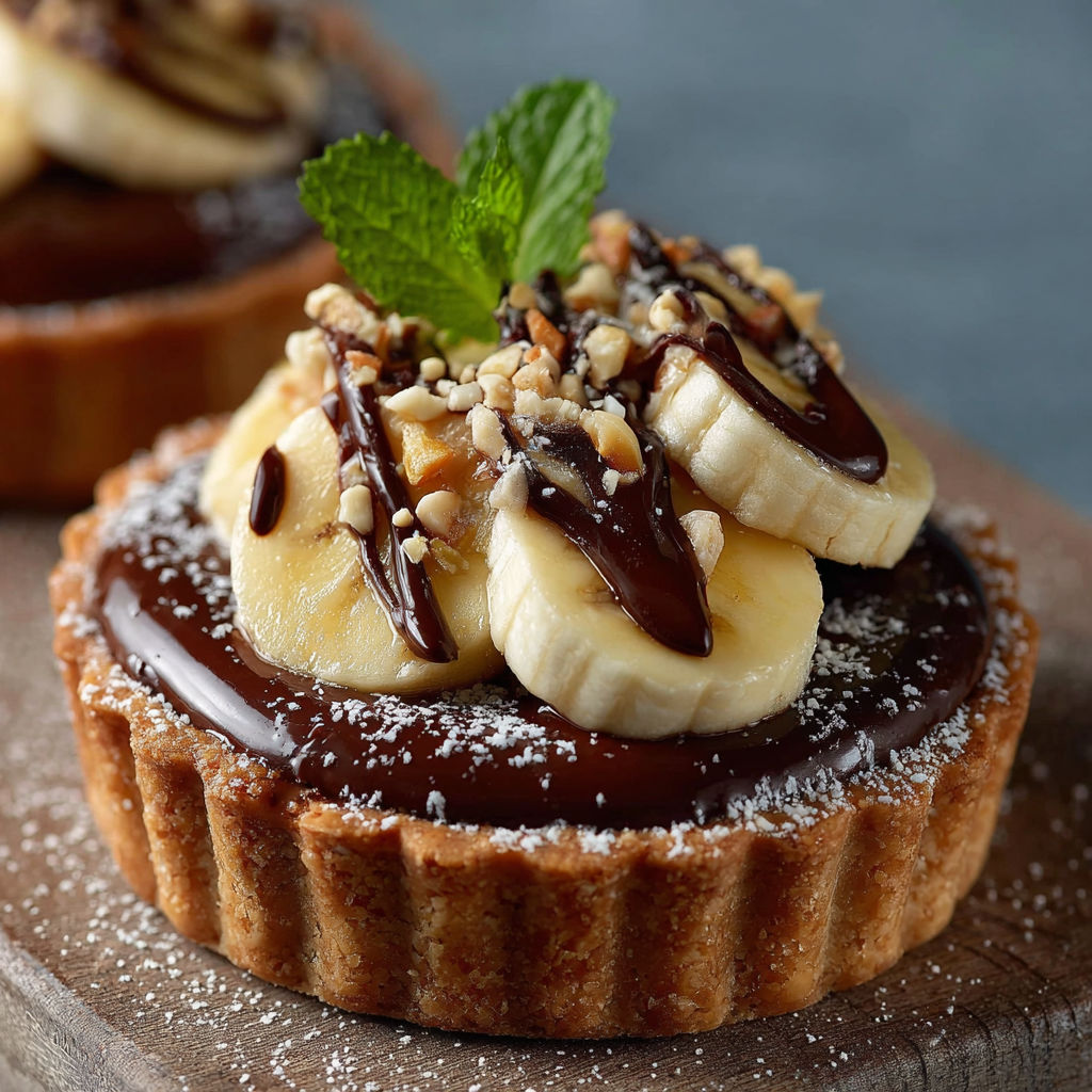 Une tarte aux bananas et au chocolat, garnie d'une poignée de menthe, est servie sur un plateau.