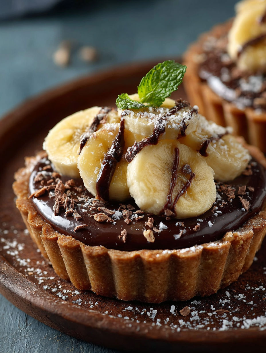 Une tarte au chocolat avec des bananes et des herbes.